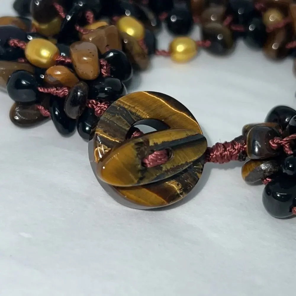 Multistrand Beaded Tiger Eye Onyx Pearl Toggle Knotted Bracelet 8”